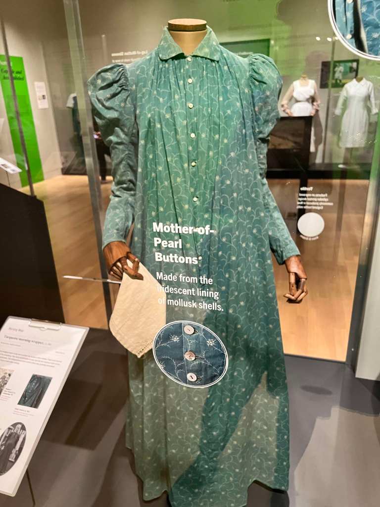 Turquoise printed cotton wrapper dress from 1895 from What Women Wore Exhibit at New York Historical